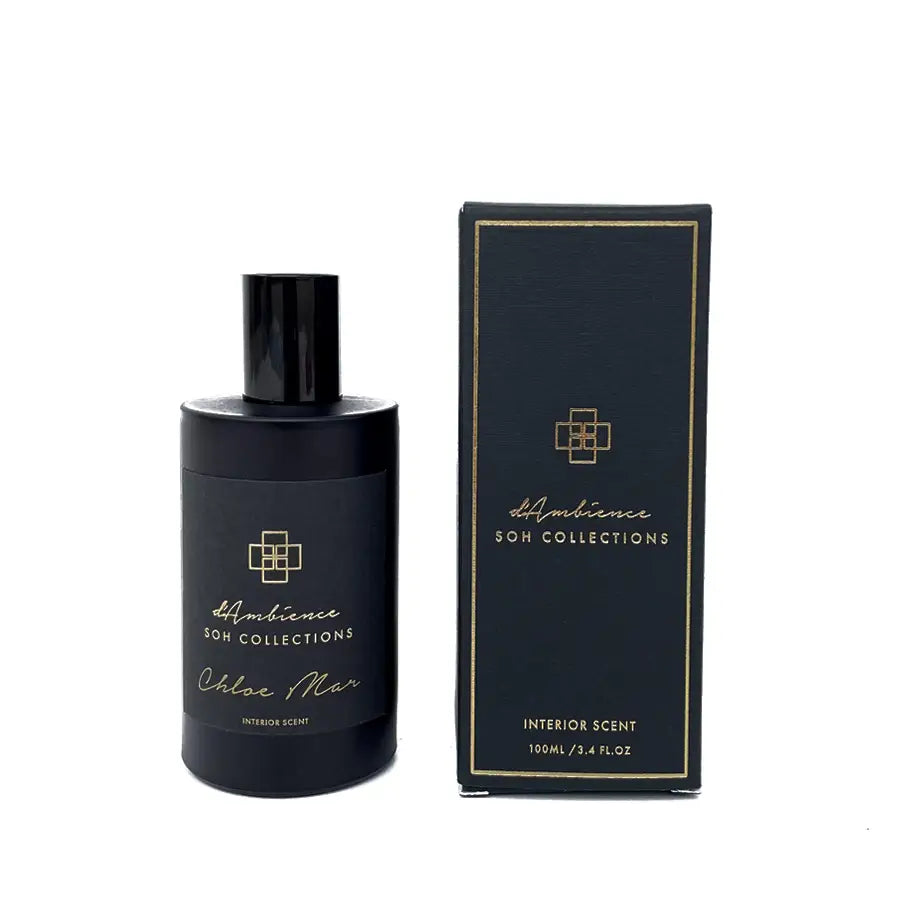 Black interior scent bottle and matching box for Chloe Mar Interior Scent diffuser with green tea aroma
