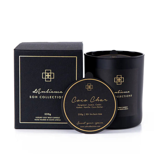 Black candle and box set with gold accents from Coco Char scented candle collection