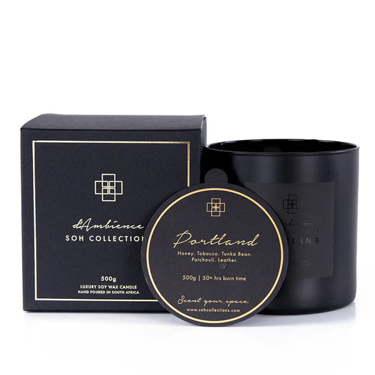 Black box and candle set with circular tag for Portland scented candle and diffuser scents