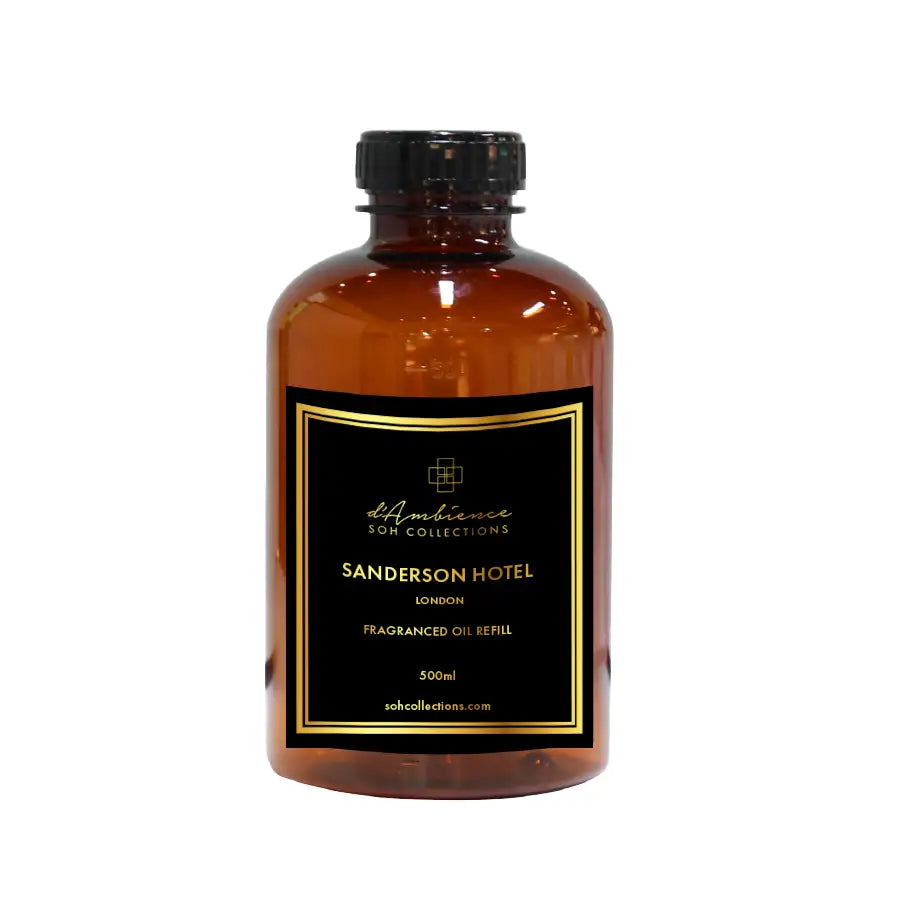 Amber glass bottle of fragranced oil refill for Sanderson Hotel scent diffuser