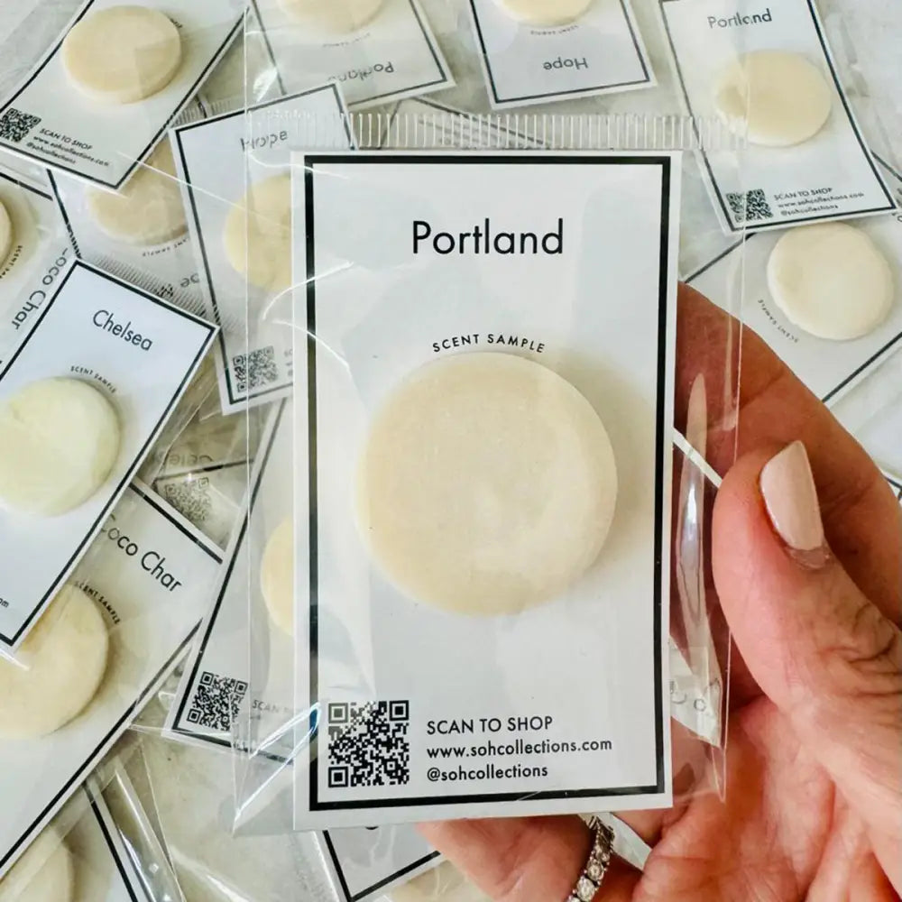 Off-white scent sample in clear packaging from Wax Melt Sample Pack for diffuser use