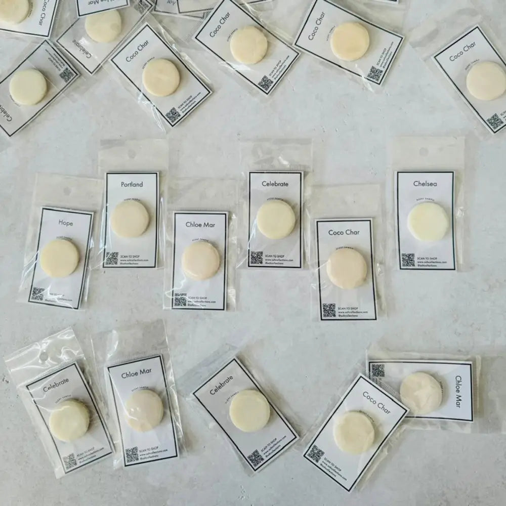 Individually packaged round off-white wax melts from Wax Melt Sample Pack for diffusers